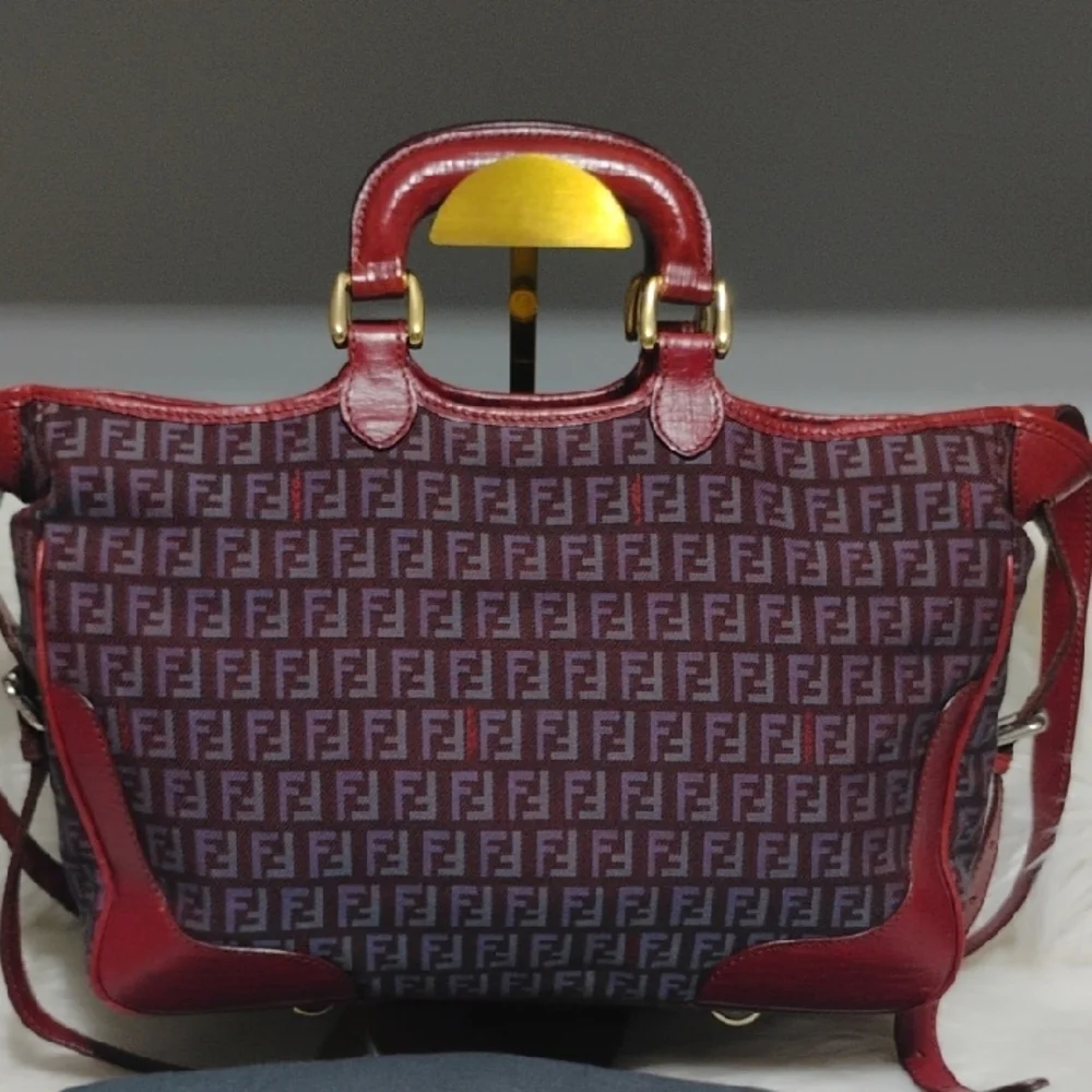 SALE! Fendi Zucchino Canvas Leather Purple/Red Color Combination 2Way & Dust Bag - Picture 4 of 16